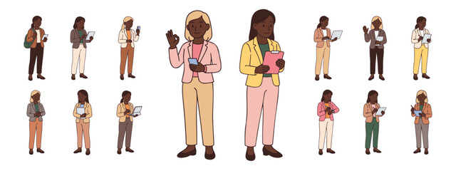 Hand-drawn vector set of African American female professionals in business attire using digital devices. Women in standing poses with laptops, phones, tablets, and folders. Line art isolated on white