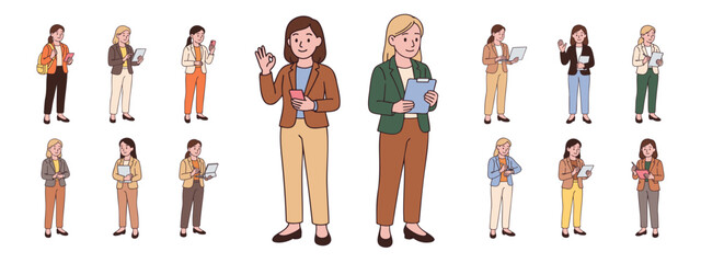 Hand-drawn vector set of modern female professionals in business outfits using gadgets. Women standing with tablets, phones, laptops, and documents. Clean line art on white background