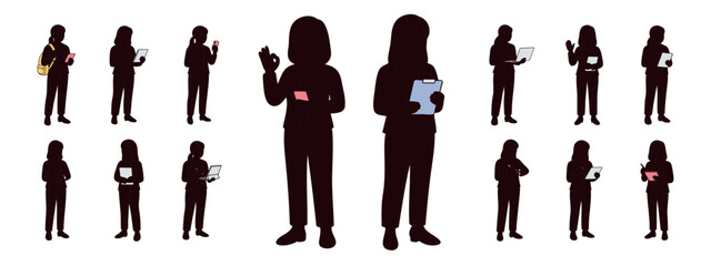 Set of female office worker silhouettes in various professional poses. Silhouettes holding tablets, clipboards, phones, and laptops. Flat vector illustration with minimal color on white background