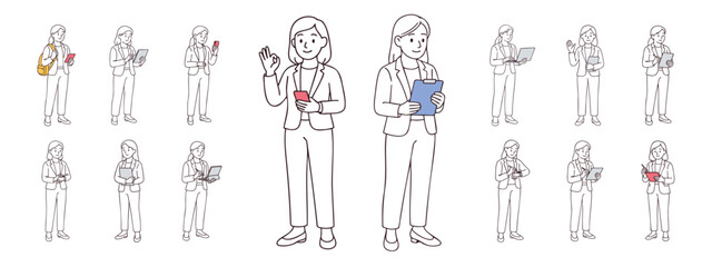 Hand-drawn set of professional businesswomen using gadgets and office supplies. Modern office characters in different poses with minimal color accents. Line art vector illustration isolated on white