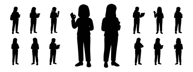 1Silhouette set of businesswomen in various professional poses. Female office workers standing with digital devices and making gestures. Clean black vector illustration isolated on white background