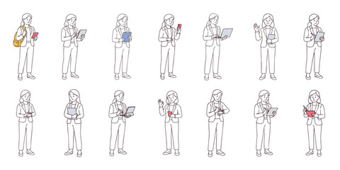 Hand-drawn set of professional businesswomen using gadgets and office supplies. Modern office characters in different poses with minimal color accents. Line art vector illustration isolated on white