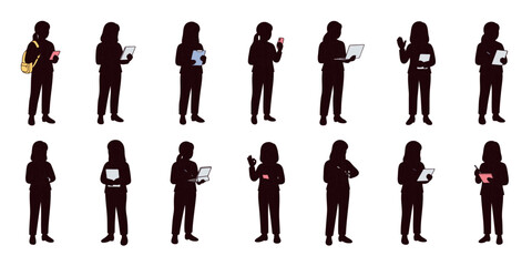 Set of female office worker silhouettes in various professional poses. Silhouettes holding tablets, clipboards, phones, and laptops. Flat vector illustration with minimal color on white background