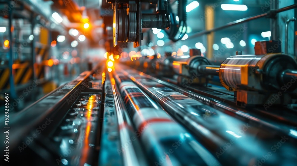 Poster this image showcases a close-up view of industrial machinery with vibrant orange lighting, emphasizi