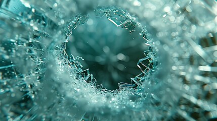 Close-up of shattered glass surrounding a bullet hole, creating a dramatic visual that speaks to themes of violence, impact, and fragility in everyday life.