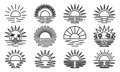 A set of twelve minimalist line art designs depicting sunsets and sunrises over water, some with palm trees.