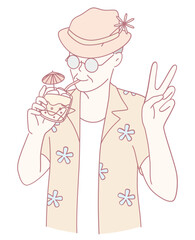 A relaxed illustration depicting a person joyfully enjoying a tropical drink while proudly displaying a peace sign