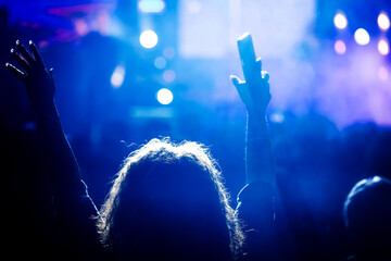 The audience gets excited and cheers with their arms raised during the concert of the musical band that performs on stage.