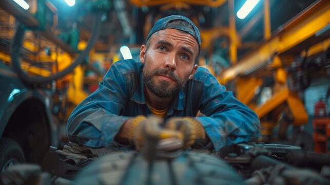 A skilled mechanic intently examines a vehicle in a garage, showcasing dedication to his craft, representing hard work and the intricacies of automotive repair.