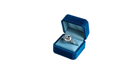 Photo of diamond engagement ring in a velvet-lined blue box isolated on transparent background.png