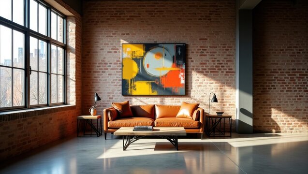 Sala de estar de un apartamento estilo industrial. Paredes de ladrillo visto, grandes ventanales, sof&aacute; de cuero y cuadros abstractos