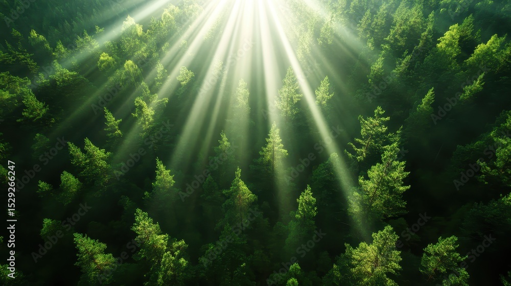 Poster sunbeams pierce through a dense canopy of green trees, illuminating the forest floor and creating an
