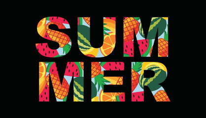 Seamless pattern of watermelon, pineapple, and tropical fruits – flat vector