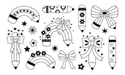 Coquette pencil bow clipart set, Black and white teacher pencil doodle, Back to school hand drawn vector illustration in flat style