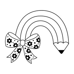 Coquette pencil bow clipart, Black and white teacher pencil doodle, Back to school hand drawn vector illustration in flat style