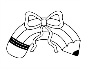 Coquette pencil bow clipart, Black and white teacher pencil doodle, Back to school hand drawn vector illustration in flat style