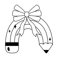 Coquette pencil bow clipart, Black and white teacher pencil doodle, Back to school hand drawn vector illustration in flat style