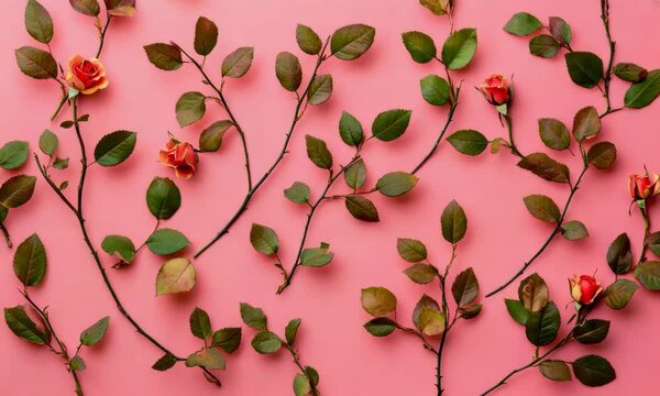 Roses and leaves arranged on a pink background. The scene features delicate rose branches with green leaves and small blooms.