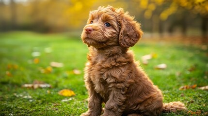 Fototapeta premium Playful cavoodle puppy with an affectionate look, enjoying a sunny day on a lush green lawn.