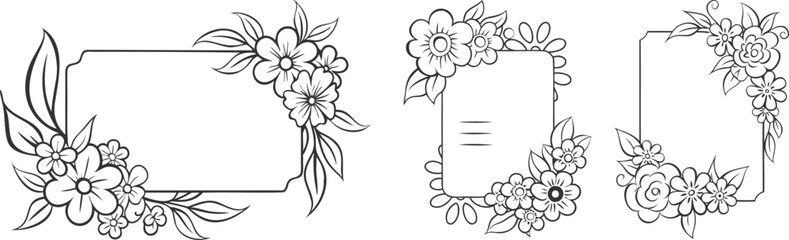 Set of Greeting Cards with Botanical Flowers Line Art Vector Design | Elegant Floral Outline Invitation Templates