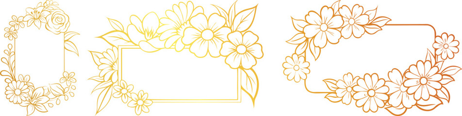 Golden Greeting Card with Botanical Flowers Line Art Vector Design | Elegant Floral Outline Invitation Template