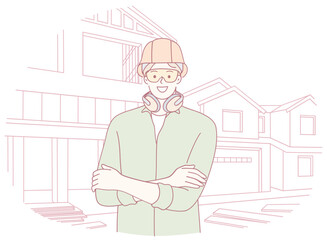 An illustration featuring a construction worker equipped with safety gear set against a backdrop of a modern house