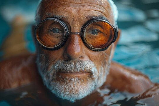 A joyful elderly man wearing swimming goggles smiles at the camera from underwater, showcasing the vitality and happiness of life through swimming and leisure.