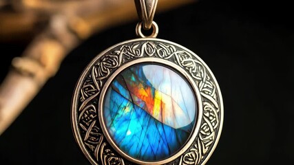 Ornamental Celtic pendant on a necklace featuring blue and orange iridescent gemstone with a metal filigree and ornate details - Powered by Adobe