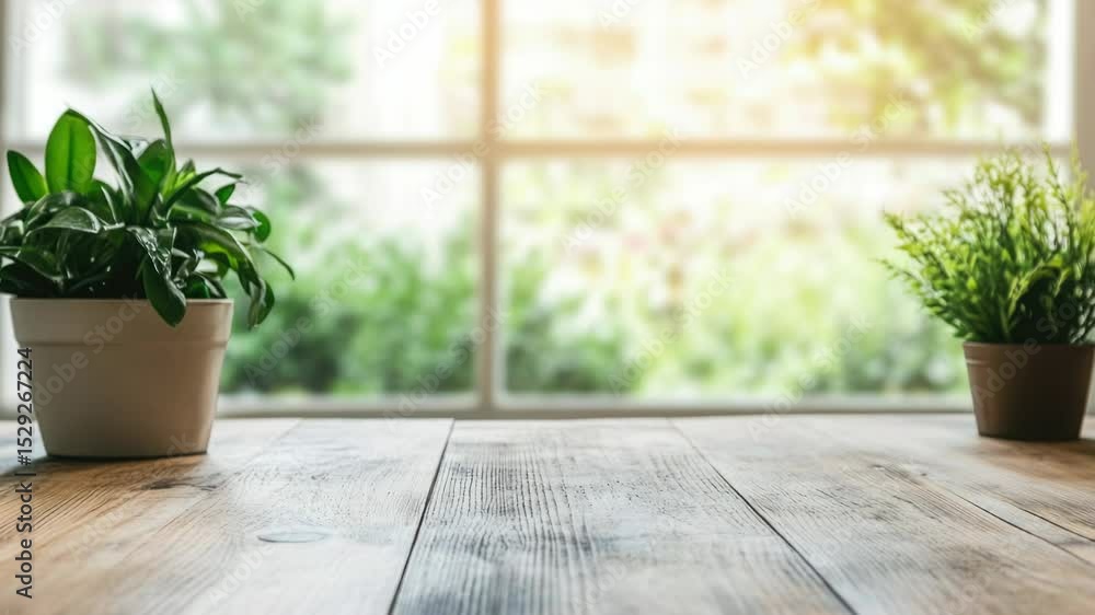 Poster two small potted plants sit on a wooden table in front of a sunny window