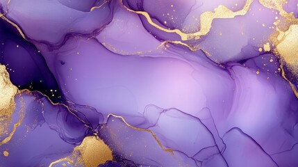 Luxury purple and gold marble texture background featuring elegant alcohol ink technique with glitter accents, abstract fluid art design ideal for modern banners, posters, and stylish decorative templ