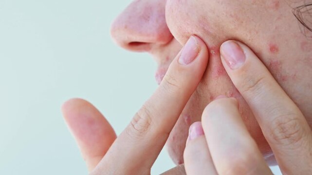 A young girl with problematic sensitive skin, suffering from acne, squeezes out a pimple after acne. Dermatological problems