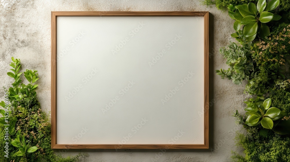 Poster a beautiful empty frame is set against a textured wall, adorned with lush greenery, creating a seren