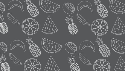 Seamless pattern of watermelon, pineapple, and tropical fruits – flat vector
