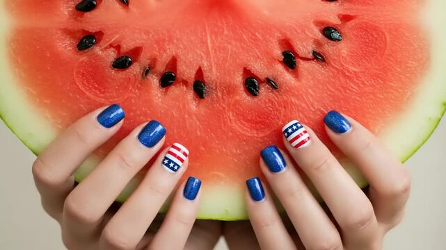 Woman holding a vibrant watermelon slice with patriotic nail art against a neutral background