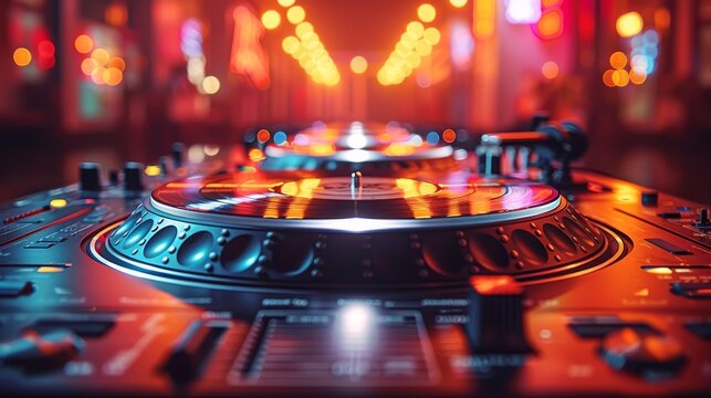 An alluring DJ booth featuring glossy vinyl turntables is illuminated with vibrant lights, creating a lively and electrifying atmosphere for a night of music and dance.
