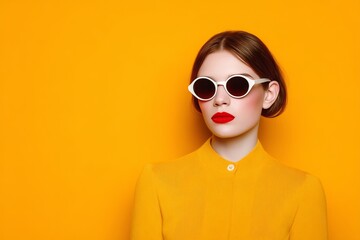 Fashionable Woman, Stylish Sunglasses, Vibrant Yellow Background, Portrait, Studio Shot, Copy Space