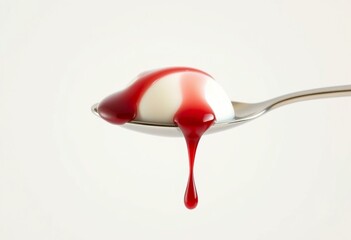 Spoonful of creamy panna cotta with a single drip of berry coulis