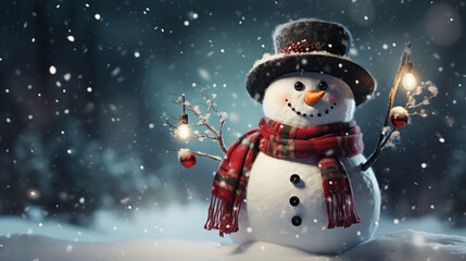 Fototapeta premium Christmas snowman wearing scarf and top hat holding glowing lanterns on a snowy winter night. Cheerful and magical holiday atmosphere outdoors.