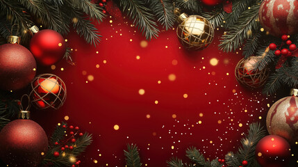 Christmas background with red and gold ornaments, pine branches, and glowing festive lights on a rich red backdrop. Elegant and vibrant holiday frame.
