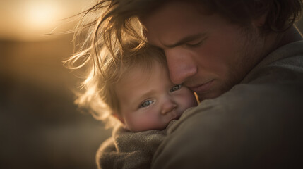 Father Holding Baby in a Peaceful Park at Golden Hour