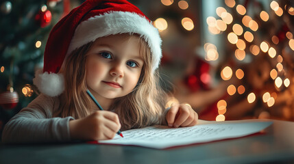 Christmas moment with little girl in Santa hat writing a letter to Santa Claus at a table, surrounded by warm festive lights. Magical and heartwarming holiday scene.