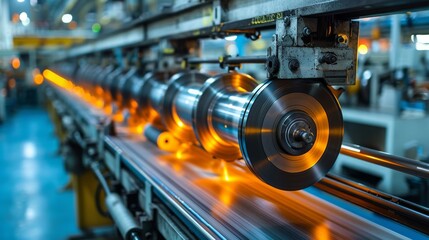 Fototapeta premium Dynamic industrial scene depicting machinery with glowing metal parts in a manufacturing setting, showcasing the beauty of engineering and production techniques.