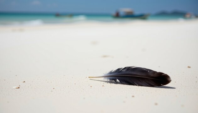Single dark feather lying on a sandy beach with a blurry ocean background 