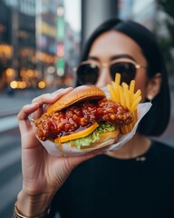 A fashionable woman in sunglasses laughs while eating a gourmet fried chicken sandwich on a sunny city street, capturing a candid and joyful moment.
