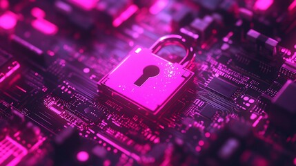 Cybersecurity concept, lock on circuit board