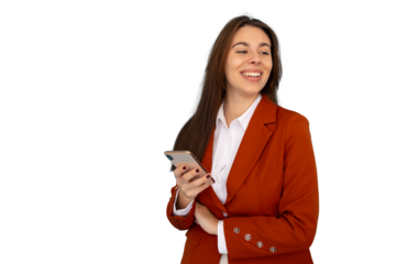 Professional manager smiling, checking smartphone with confident posture, standing against neutral background