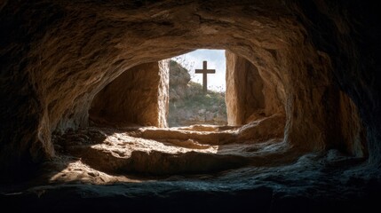 A silhouette of the cross visible within the open tomb, serving as a reminder of Jesus sacrifice and his triumph over death.