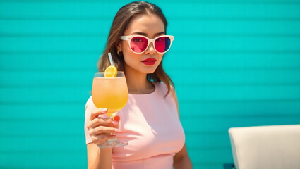A beautiful stylish brunette in sunglasses and with a cocktail in her hand. The girl is standing in a delicate pink dress on a turquoise background. The atmosphere of summer rest and relaxation.