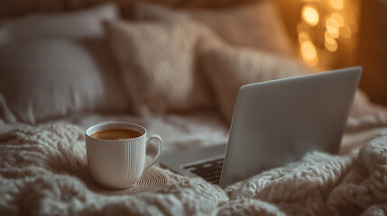 Cozy Home Office Setup for Freelancers with Coffee and Laptop