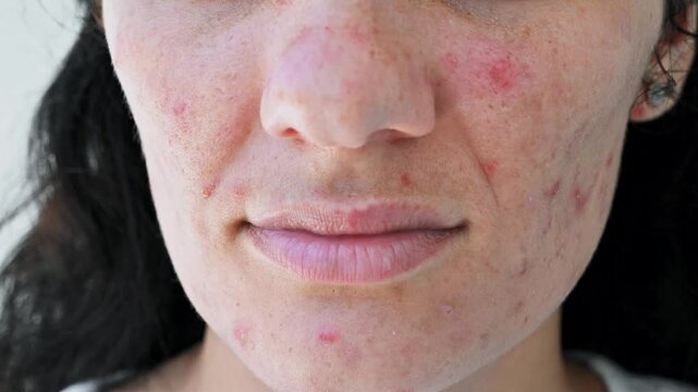 Close-up of the skin of a young girl with problems. Pimples, acne, pores, scars. Natural skin without filters